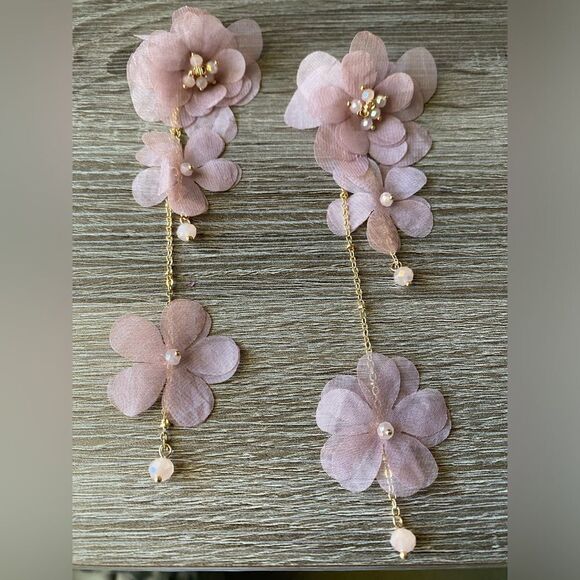 Pink flower drop earrings M198 - Picture 3 of 5